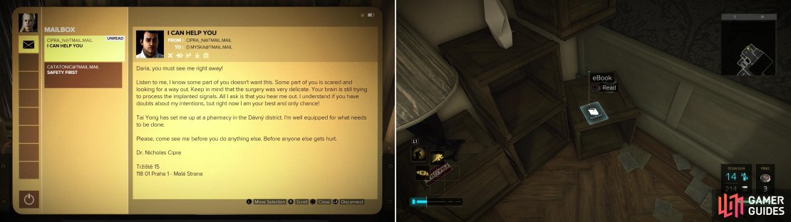 Hack Daria&rsquo;s computer to find an interesting bit of correspondance&hellip; (left) before you leave, be sure to grab the new eBook in her apartment (right).