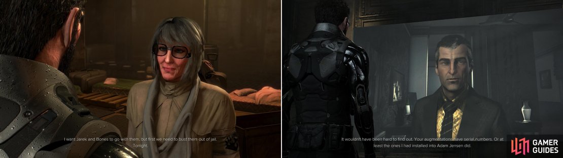 While you&rsquo;re in southern Prague, be sure to visit Little K in the sewers (left) and check in with Sarif one last time for a startling revelation (right).