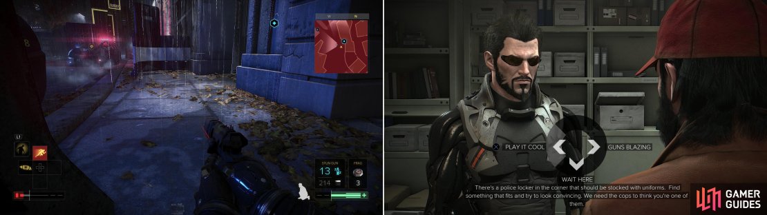 Sneak to the temporary police station near the Monument Station (left) and release the captive members of Samizdat. Be sure to tell them to &ldquo;Play it cool&rdquo;. (right).