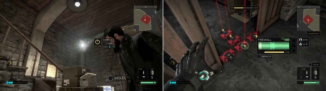 In the basement of Sobchak Security you&rsquo;ll need to hide from a security camera (left) and disable some Frag Lasers (right).