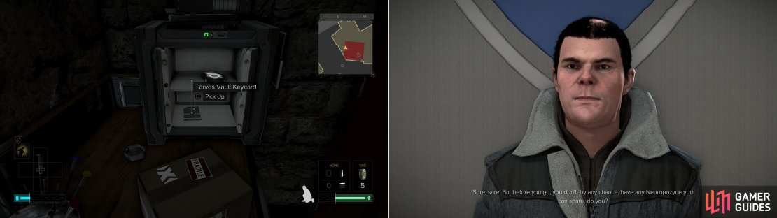 Get past these defenses and you&rsquo;ll be able to score the Tarvos Vault Keycard from a safe (left). Give the clerk upstairs some Neuropozyne and he&rsquo;ll offer to sell you some crafting parts (right).