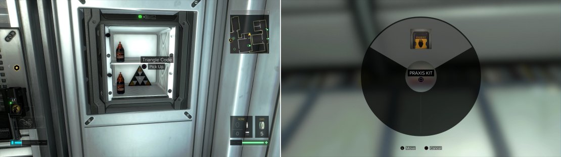 In TF29&rsquo;s Infirmary you can open a safe to find goodies, including Neuropozyne and Triangle Code #9 (left). You can also search a Medical Box on top of a cabinet to find a Praxis Kit (right).