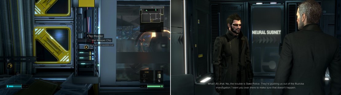 Sneak over to the NSN Server and plant Alex&rsquo;s Whisper Chip (left), then go meet Miller, who will give you your next assignment (right).