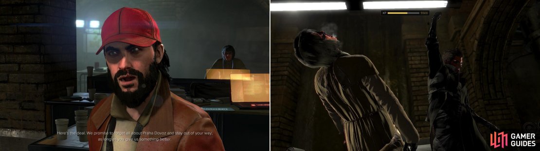 Find Samizdat in the sewers and he&rsquo;ll offer you a way to buy his silence (left). Either agree to help them out, or ensure they keep quiet&hellip; (right).