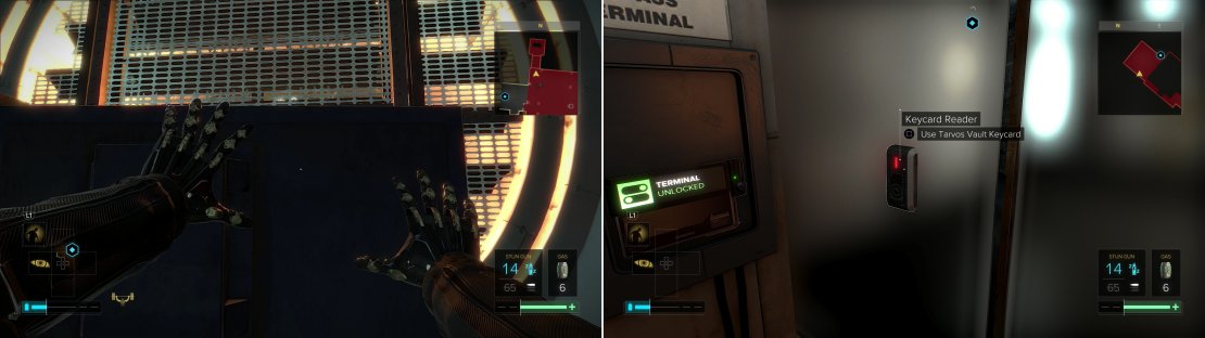 There are many ways to bypass the fan in the air vent, but the crudest is arguably just shoving a dumpster in there and breaking the fan blades (left). With the Keycards you&rsquo;ve found so far you can access two corporate vaults (right).