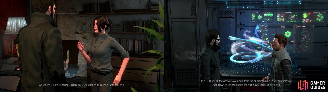 Meet with Dr. Auzenne and endure her phony &ldquo;science&rdquo; (left), then talk to Smiley about the DSD you recovered (right).