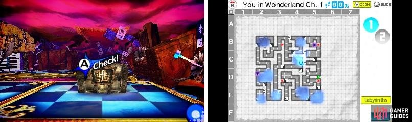 The Map Chests usually offer great items, but require you to get 100% exploration on that particular floor. Interacting with one will point out locations on your map that haven&rsquo;t been explored, shown as blue spots (right).