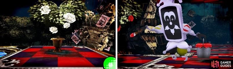 You&rsquo;ll have you use the Watering Can on the roses to turn them white (left), which will distract the Painting Soldiers enough for you to pass them (right).