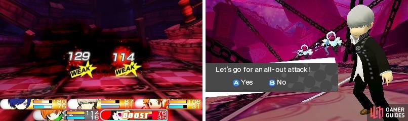 Hitting an enemy&rsquo;s weakness will put you into Boost mode (left). If enough characters are in Boost mode, then you can initiate an All-Out Attack at the end of a round (right).