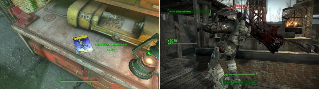 Search the Workshop at Outpost Zimonja for an issue of Astoundingly Amazing Tales (left), but first you&rsquo;ll need to deal with the Power Armor-clad, Fat Man-armed Raider named Boomer (right).