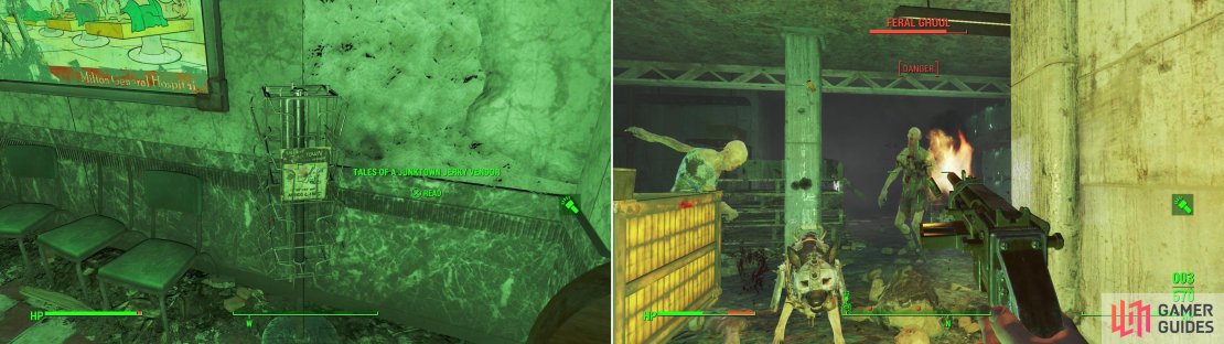 In Super-Duper Mart you&rsquo;ll find another issue of Tales of a Junktown Jerky Vendor on a magazine stand. Where else? (left). You&rsquo;ll also find plenty of Feral Ghouls prowling in the ruins of the super store (right).