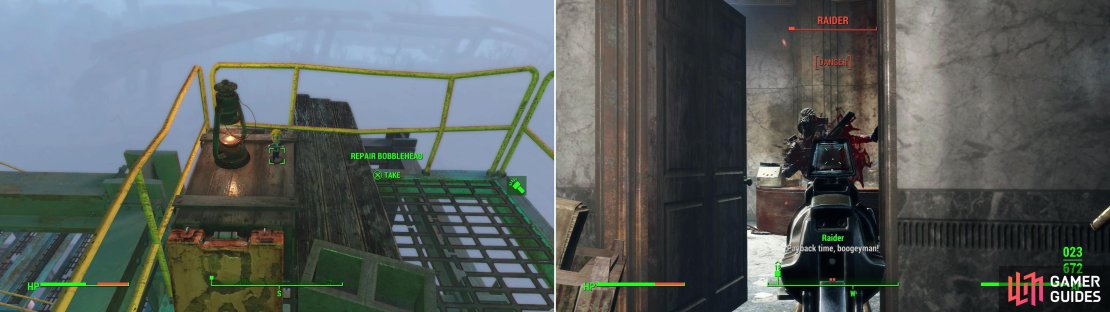 Ascend to the metal walkways above the Corvega Assembly Plant to find the Repair Bobblehead (left). Of course, there&rsquo;s a horde of Raider around and within you&rsquo;ll have to deal with to get there (right).