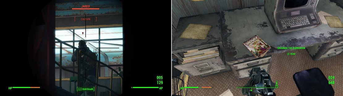 Put a bullet (or several) in the leader of the Corvega Raiders - Jared - to put the good poeple at Tenpines Bluff at east (left). In the offices Jared occupied you&rsquo;ll find a copy of Grognak the Barbarian (right).