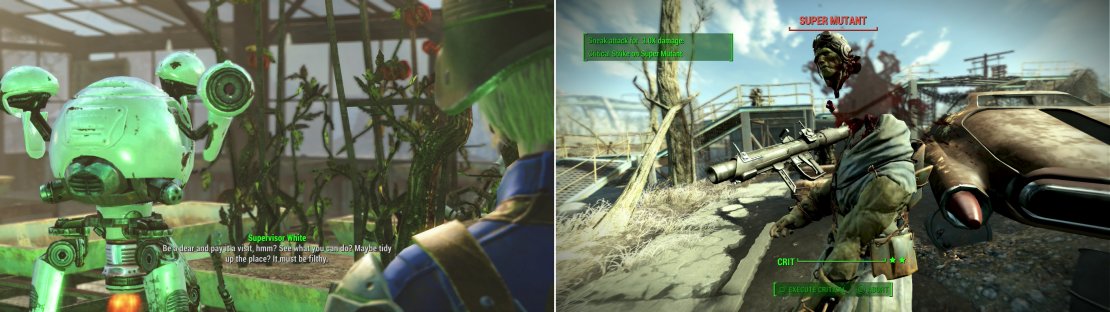 Talk to Supervisor White at Graygarden and she&rsquo;ll ask you to help clean up their water at its source (left). Outside of the Weston Water Treatment Plant you&rsquo;ll find a host of Super Mutants, including one with a Missile Launcher. He looks better without a head (right).