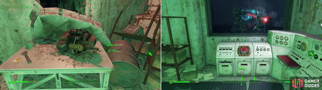 In the ArcJet Engine Core area you&rsquo;ll find the odd Junk Jet weapon (left). As Danse struggles against a host of Synths, provide some dubious aid to him by firing up the dormant rocket (right).