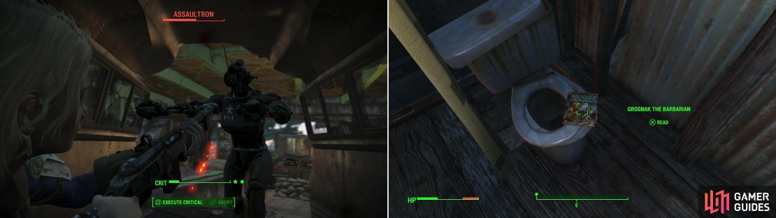 Be wary on the elevated highway, as the Gunners here have an Assaultron (left). Once the Gunners have been defeated, grab a poorly placed issue of Grognak the Barbarian (right).