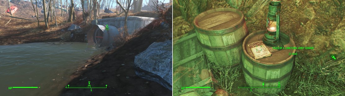 Find a drainage pipe near Walden Pond (left) which leads to a Raider Den. Inside you’ll find a Tale of a Junktown Jerky Vendor magazine (right).