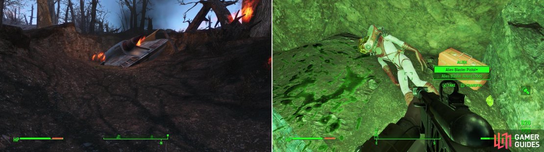 Follow the &ldquo;Garbled Radio Beacon&rdquo; to find a crashed alien ship (left) then track some green blood to a nearby cave to find a hostile Alien. Kill it and claim its might Alien Blaster (right).