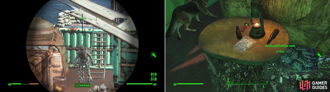 A dangerous Raider in Power Armor leads the Raiders who occupy the Wreck of the USS Riptide (left). If you can fight your way through them, you&rsquo;ll be able to claim a Wasteland Survival Guide (right).