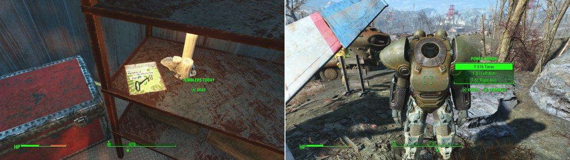 Inside the ruins of the Poseiden Energy Turbine #18-F building you can find a copy of Tumblers Today (left). Nearby, on a hill, you&rsquo;ll find an abandoned suit of Power Armor. Score! (right).
