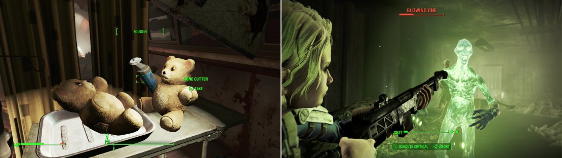 Something tells me this Teddy Bear isn&rsquo;t a real doctor (left). There are plenty of Feral Ghouls in the tunnels, but the most dangerous of them is a Glowing One: radiation personified (right).