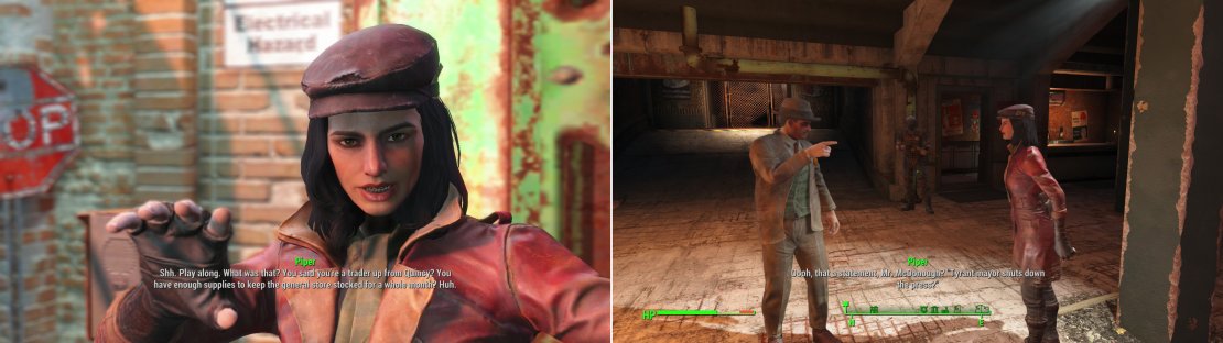 Outside of Diamond City you&rsquo;ll find Piper, a colorful character who opportunistcally uses you to get back home (left). Shortly thereafter you&rsquo;ll witness her and the mayor express&hellip; a difference in opinion on free speech (right).