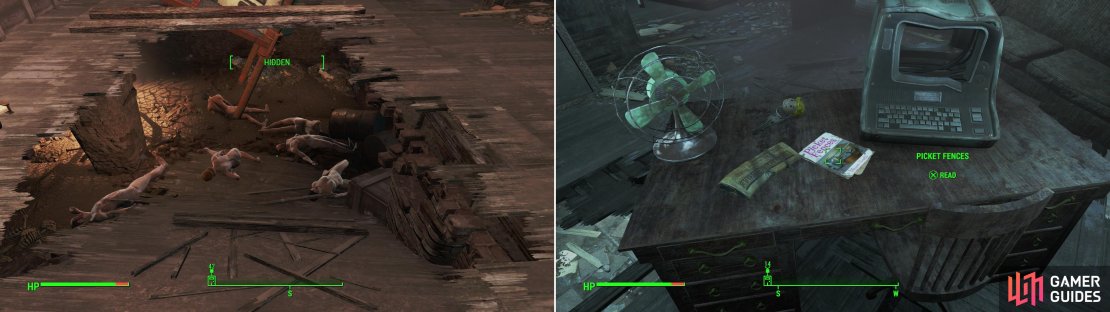 All those dead bodies&hellip; this place is probably legit, right? (left) Fight your way through the Raiders to find a copy of Picket Fences (right).