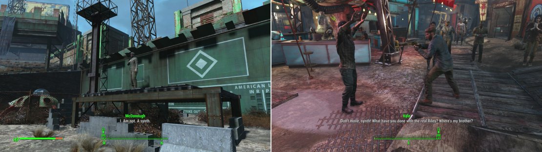 The mayor gives an impassioned speech declaring he&rsquo;s not a Synth (left) and you&rsquo;ll witness other unfortunate incidents of Snyth hysteria while you explore Diamond City (right).