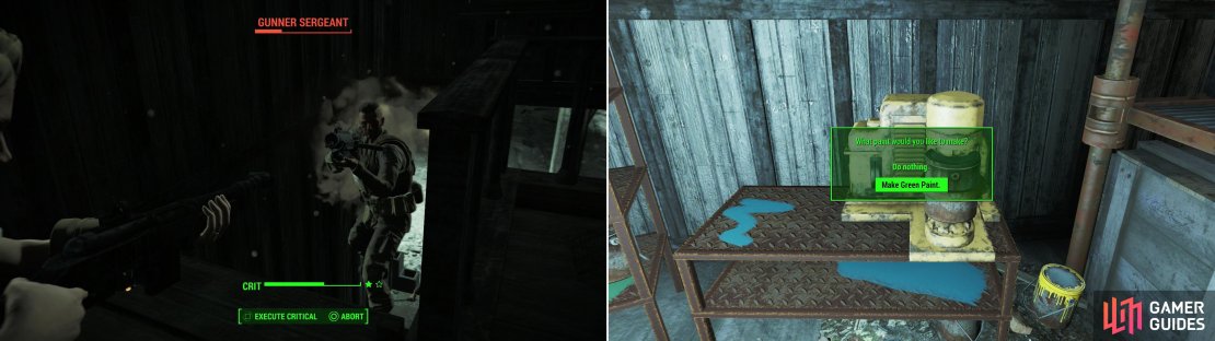 Return to Hardware Town to find the Raiders replaced with Gunner (left). Once they&rsquo;re dead, take some yellow and blue paint and mix up another coat of paint for the green monster (right).