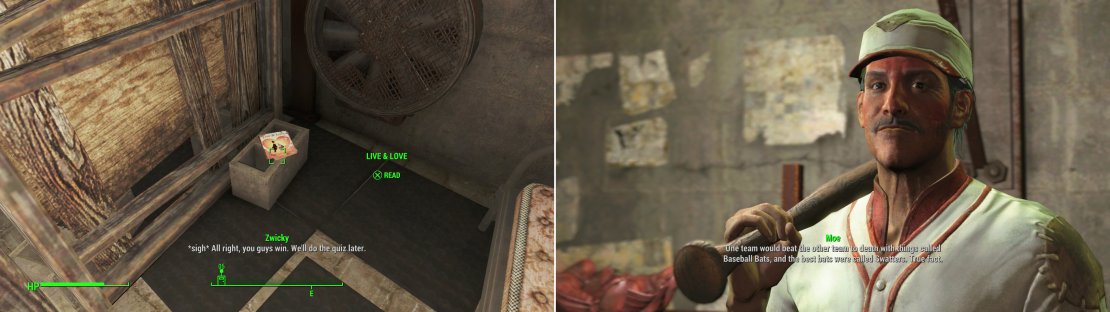Grab the Live & Love magazine from the Schoolhouse to obtain one of the rare bits of notable loot in Diamond City (left). Moe has some&hellip; odd thoughts on how baseball was played. Probably would be a more interesting sport that way, though. (right).
