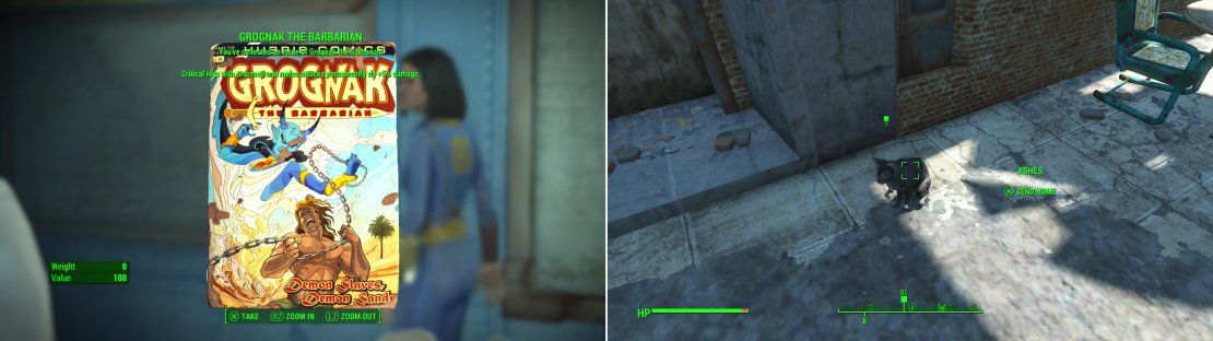 Tell the kids a story at the behest of their teacher, Katy, and you&rsquo;ll get a Grognak the Barbarian comic as a reward (left). Head outside Vault 81 to find the missing kitty, Ashes (right).