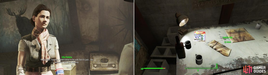 Ellie will tell you that the good detective - whose services you may need to find Shaun - has himself gone missing (left). Before you leave the detective&rsquo;s office, be sure to grab the issue of RobCo Fun off the desk (right).