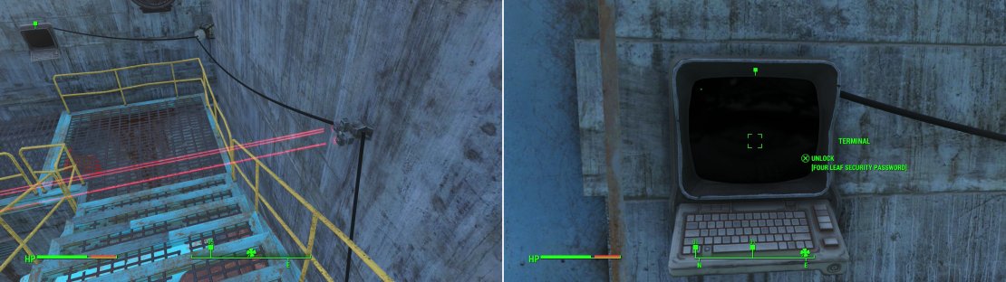 Trip the Laser Tripwires in the correct order to find Marowski&rsquo;s Chem Lab (left) or use the password you got from Trish (right).