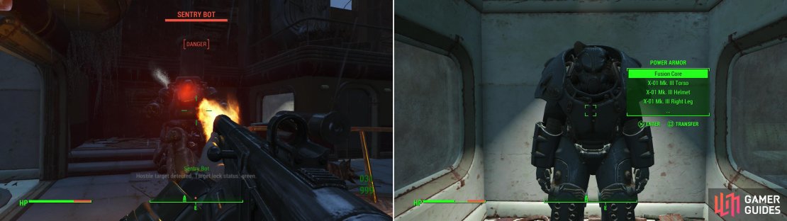 When you arrive on the top (extant) floor of the 35 Court building you&rsquo;ll be attacked by a Sentry Bot and an Assaultron (left). Defeat them both and you can claim a suit of leveled Power Armor as your prize (right).