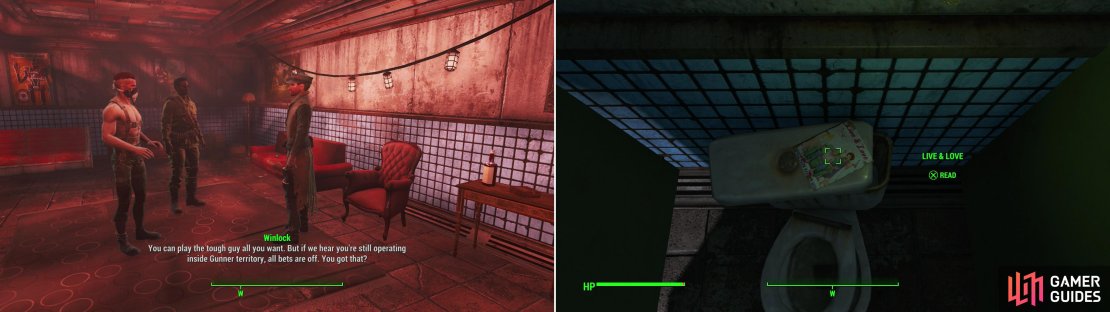 MacCready&rsquo;s past with the Gunners catches up to him (left). Grab a copy of Live & Love off a toilet in The Third Rail (right).