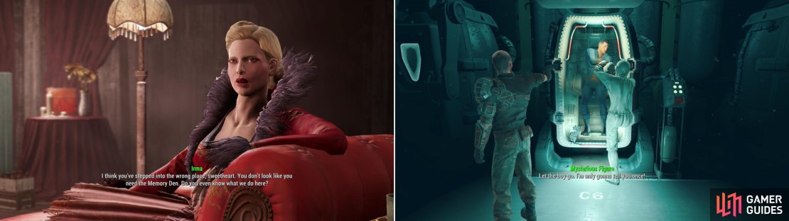 Irma handles the business end of the Memory Den (left). If you haven&rsquo;t rescued Nick Valentine yet, you can use one of the memory loungers to relive you painful past (right).