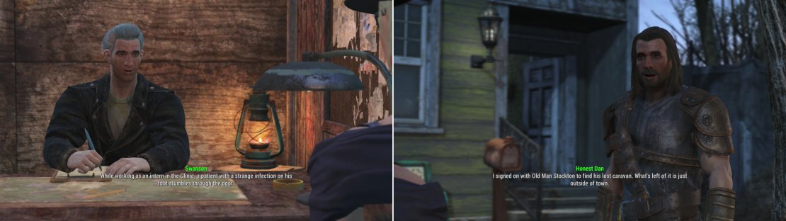 Take the SAFE test to gain entry to Covenant (left). Inside you&rsquo;ll find Honest Dan, who is looking for clues as to what happened to Old Man Stockton&rsquo;s caravan (right).