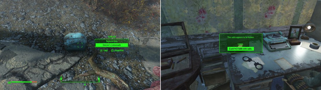 Search the remains of the caravan to find Deezer&rsquo;s Lemonade, something which decisively proves the caravan stopped off at Covenant (left). You can find plenty of clues in Covenant which will point you towards The Compound (right).