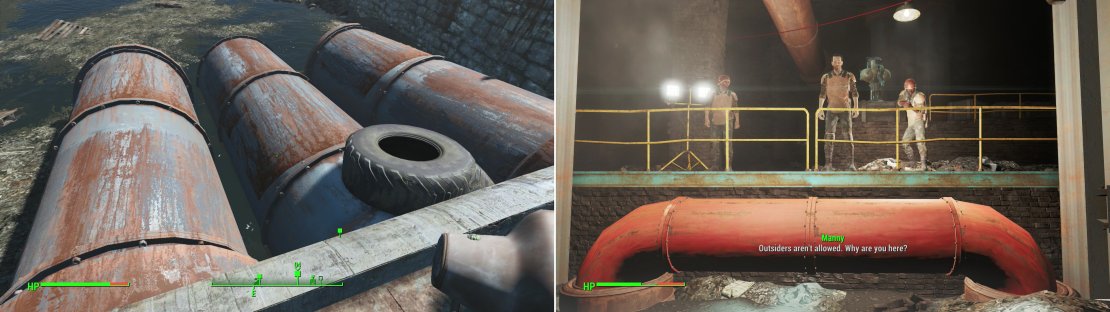 Find several pipes in the river near Mystic Pines, the middle one of which will lead to The Compound (left). Inside, you&rsquo;ll be stopped by Manny, whom you&rsquo;ll need to persuade to avoid violence (right).
