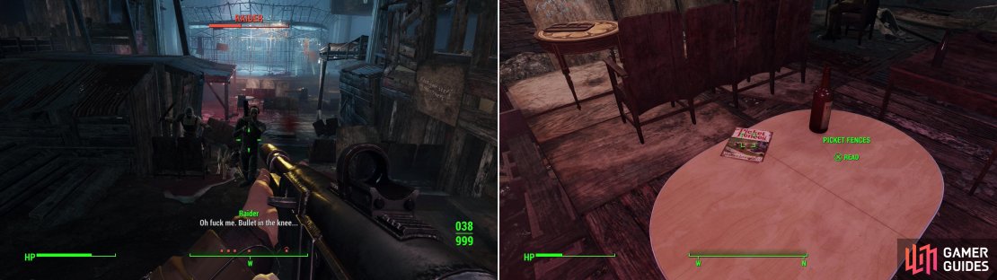 Kill the Raiders inside the Combat Zone and make the area live up to its name (left) then search around for an issue of Picket Fences (right).