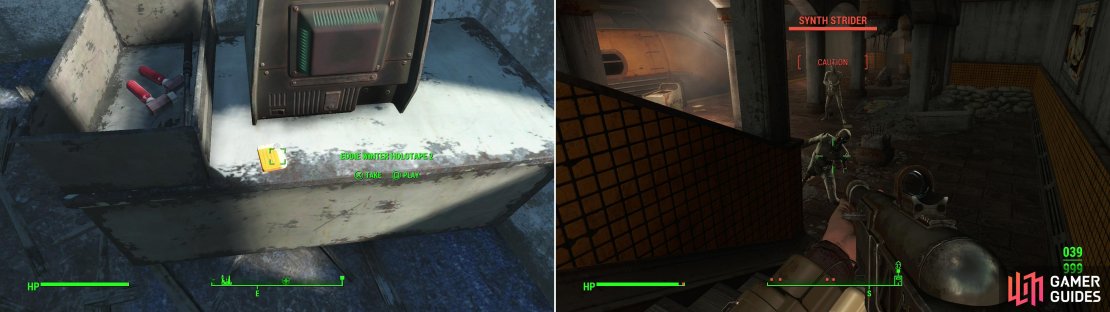 Grab the Eddie Winter Holotape 2 off a desk in the police station (left). In the Malden Center Station you&rsquo;ll find a squad of Synths fighting the Raiders dwelling here (right).