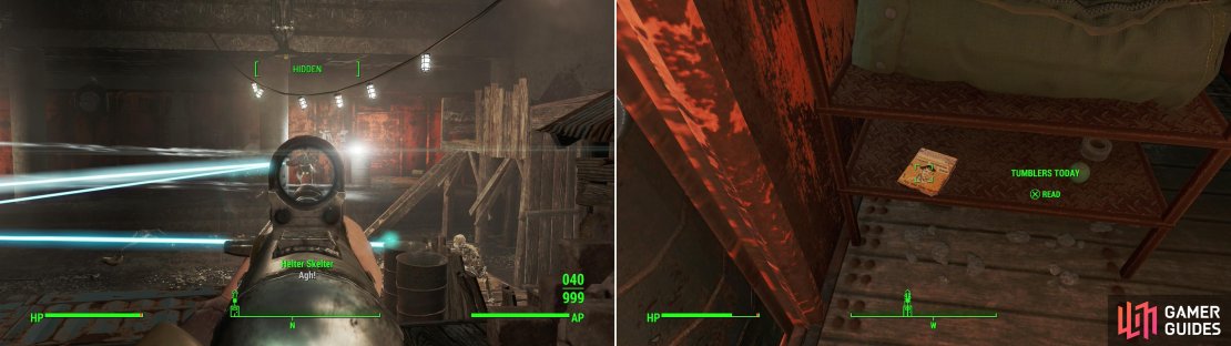 At the bottom of Malden Center Station the strongest Synths square off with the leader of the Raiders (left). After the fighting is over, search a boxcar to find an issue of Tumblers Today (right).