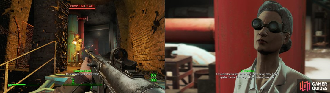 Fight your way through the Compound Guards (left)&hellip; or not. Either way, make your way through The Compound to find Dr. Chambers, who will tell you the purpose of Covenant (right).