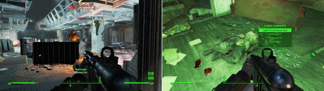 You&rsquo;ll have to fight your way through a host of Gunners, who have made Vault 95 their stronghold (left). Kill the Gunner Commander in the training yard to obtain his Vault 75 Lab Access Card (right)