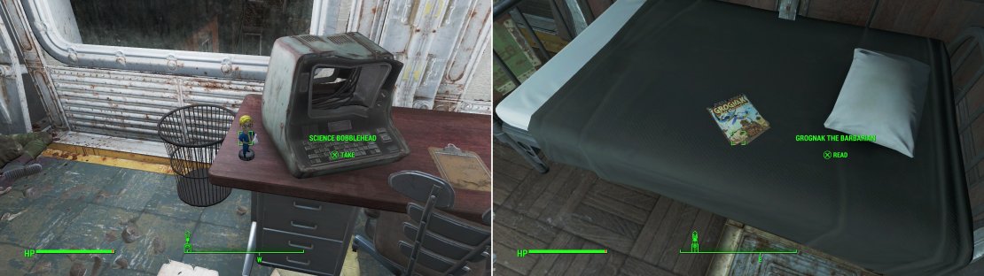 In an office overlooking the training yard you&rsquo;ll find the Science Bobblehead (left). The Overseer was apparently a fan of Grognak the Barbarian (right).