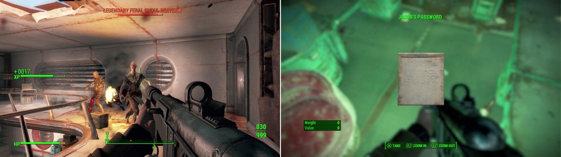 Feral Ghouls prowl the interior of Med-Tek Research (left). When you reach the executive office, MacCready - if he&rsquo;s with you - will furnish you with a password to the terminal (right).