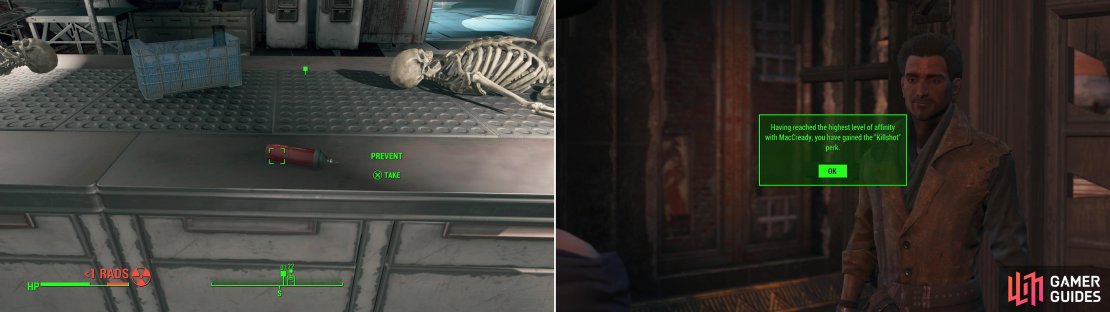 The Medicine MacCready needs to save his son can be found in the depths of Med-Tek Research (left). Earn MacCready&rsquo;s loyalty and you&rsquo;ll forever more benefit from the Killshot perk (right).