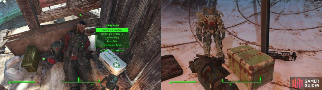 In one of the Super Mutant shacks you&rsquo;ll find the body of Scribe Faris, who has the last bit of information you need to locate the lost patrol (left). On top of a satellite dish you can also find a Power Armor Frame, a Fat Man and a Steamer Trunk (right). Nice haul!
