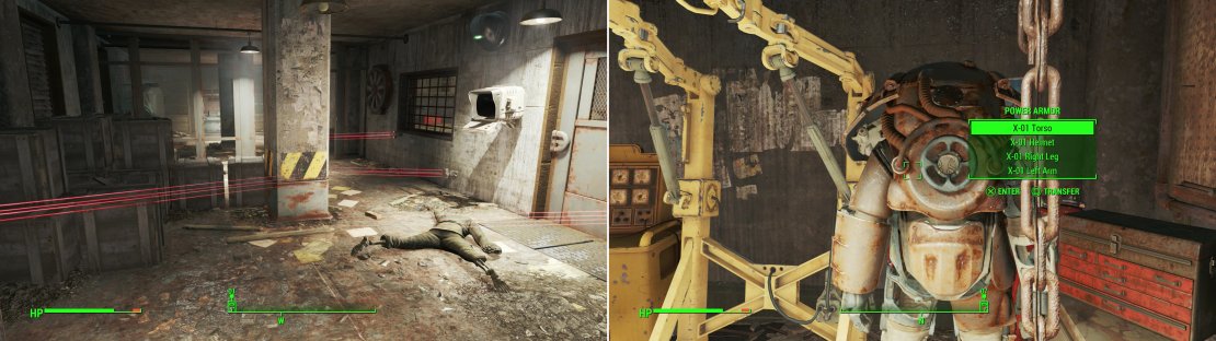 Plenty of pre-war security still remains intact in the armory (left), but your prize for bypassing it all is a partial suit of leveled Power Armor (right).