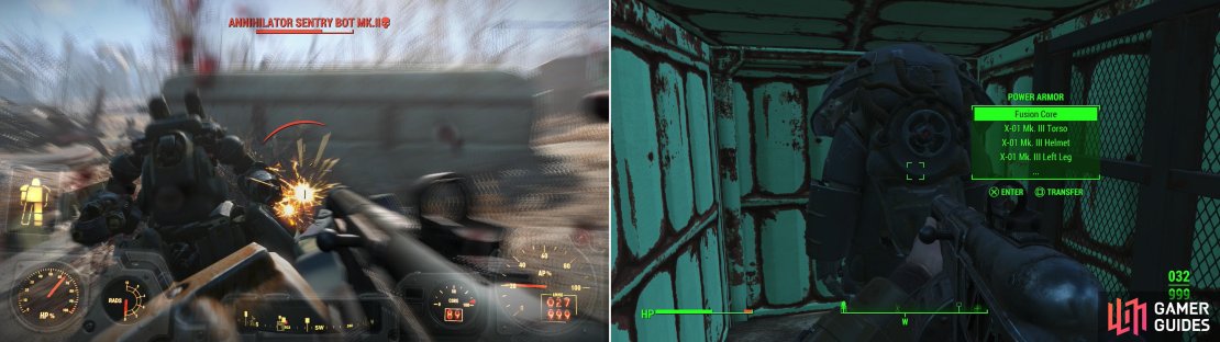 After looting the armory, you&rsquo;ll be attacked by an awakened Sentry Bot (left). Good thing you just found that Power Armor! Speaking of which, another suit of Power Armor can be found hiding in a shipping crate (right).